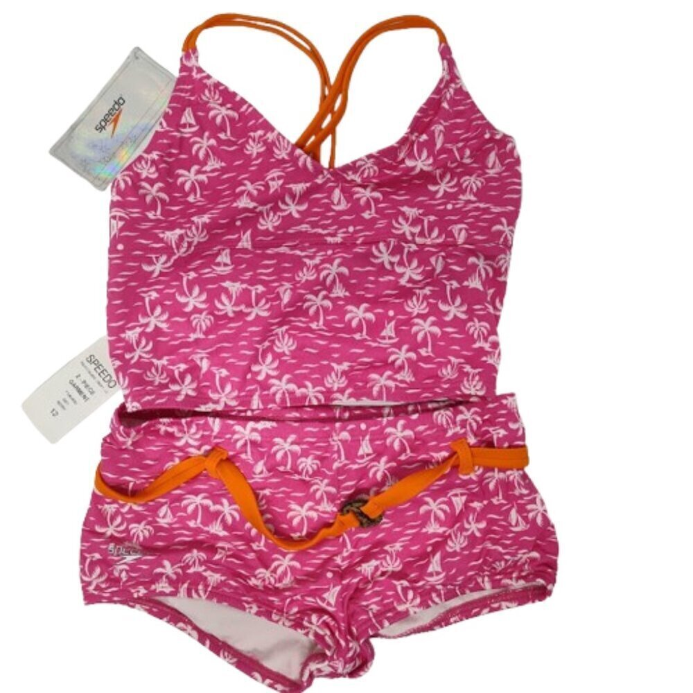 Speedo Tropical Breeze Girls Swimsuit 2 Piece Size 12 NWT Pink with White Palm - Picture 4 of 11